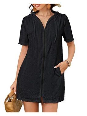 Bsubseach Black Terry Cloth Swim Cover Up Hooded Zip Front Beach Dress
